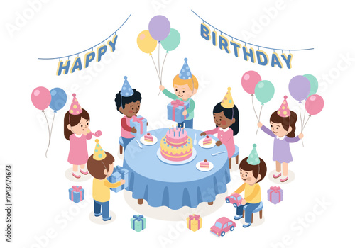 Diverse group of children celebrating a birthday party with cake, gifts, and balloons