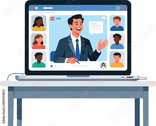 Online video conference with teacher and multiple students