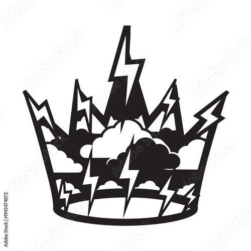 A crown emits lightning bolts and stormy clouds in a dark fantasy scene.