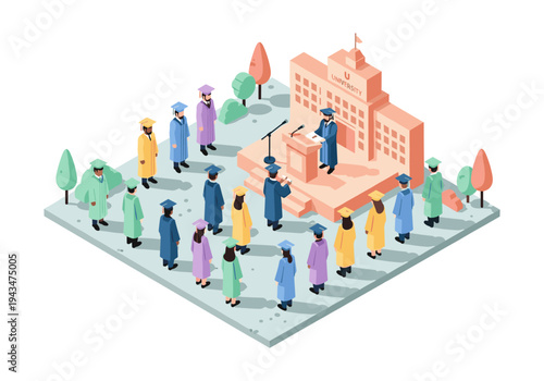 University graduation ceremony with students in caps and gowns listening to a speaker