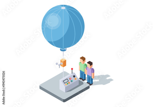 Isometric illustration of two people standing near a control panel and a blue blimp