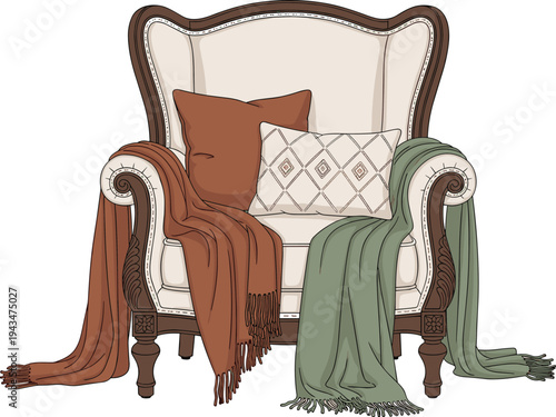 Vintage cream armchair with brown wooden frame and colorful throw blankets