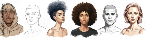 A smiling African American woman with afro curly hair poses as a beauty model holding brushes in this black and white fashion illustration of a lady with a joyful expression