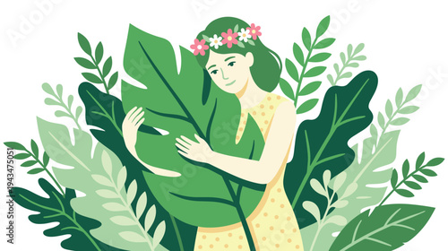 Beautiful girl wearing flower wreath standing among green palm trees