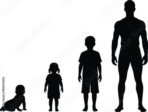 A black vector illustration shows a silhouette of a family group with a mother, father, children, and a businessman walking together as a crowd of people