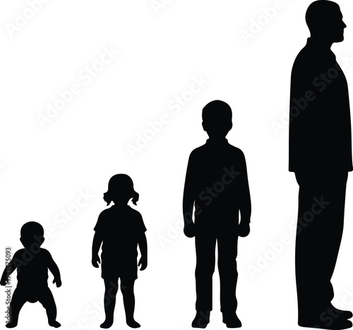 A black vector illustration of a diverse group including a business team in suits, a walking family with a father, mother, and children, and a crowd of people silhouettes gathered together