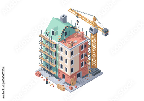 Isometric building under construction with crane and workers on scaffolding