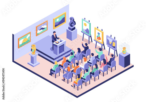 Art auction event with attendees raising hands to bid on displayed artworks and artifacts