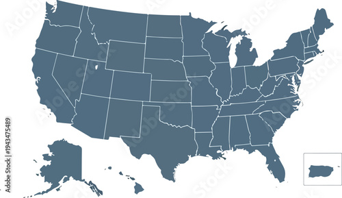 An isolated 3d vector illustration showing a white contour outline of the United States of America map territory as a national geography symbol of the country including state border cartography