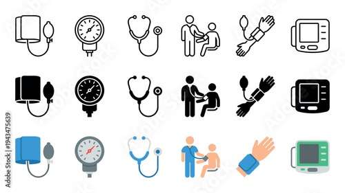 Blood pressure monitor and sphygmomanometer icon set showing medical checkup equipment in three different styles: outline, solid black glyph, and flat color vector illustration