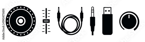 Set of black audio equipment icons including a jog wheel, fader, audio jacks, USB drive, and volume knob for music production and DJing concepts in a flat glyph style