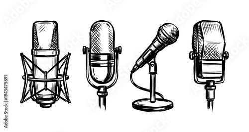 Collection of four hand-drawn microphones in a rough sketch style, showing different types of audio recording equipment for broadcasting, podcasting, or music production