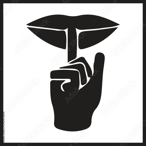 Black and white silhouette of a hand with a finger over lips representing silence and secrecy.