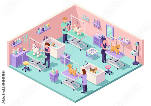 Isometric dog grooming salon with groomers and dogs receiving various services
