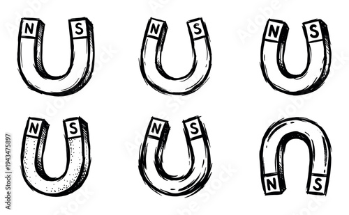 Set of six hand-drawn horseshoe magnets in a black and white doodle style, illustrating the scientific concept of polarity with clearly marked north and south poles