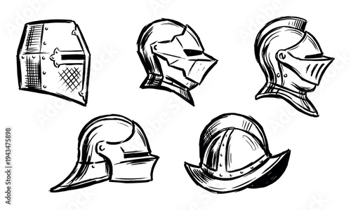 Collection of five medieval knight helmets hand-drawn in a rough black ink sketch style, showcasing different historical armor designs like the great helm, armet, and morion