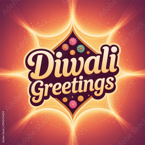 Diwali greetings card with glowing warm lights and decorative floral patterns in a diamond shape illustration