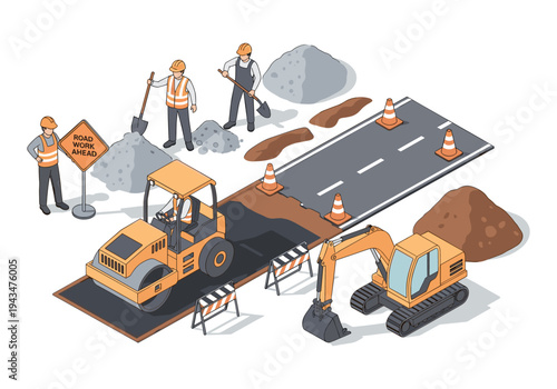 Isometric construction scene with workers, excavator, steamroller, and road repair equipment