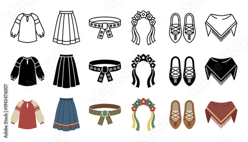 Traditional ethnic folk costume clothing set with a blouse, skirt, floral wreath, belt, shoes, and shawl, shown in colorful flat, black silhouette, and line art icon styles