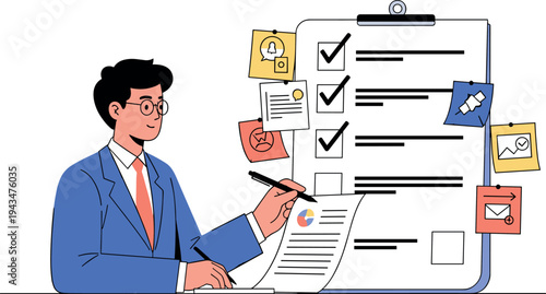 A businessman checks a large clipboard with a checklist on transparent background