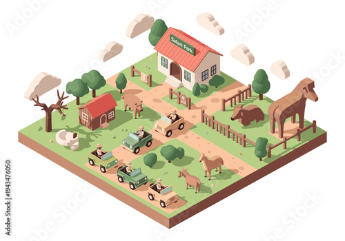 Isometric safari park with jeeps, animals, and visitors enjoying a day out