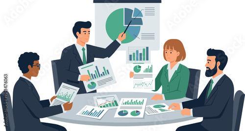 A group of business professionals analyzing data and charts in a meeting on transparent background