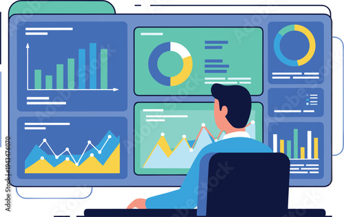 Businessman analyzing sales dashboard on a large computer screen on transparent background