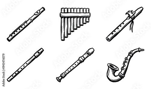 Set of six hand-drawn wind instruments including a flute, panpipes, recorder, and saxophone in a black and white sketch style illustration for musical concepts
