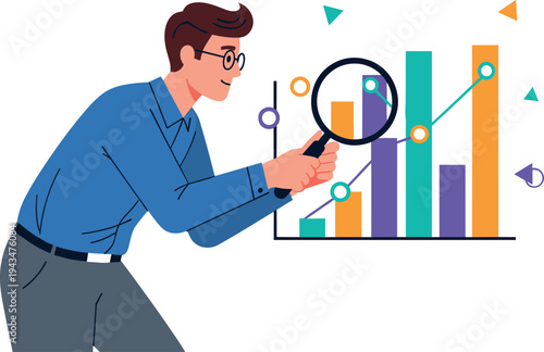 A man examines a colorful bar graph with a magnifying glass on transparent background