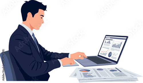 A businessman analyzing data on a laptop on transparent background