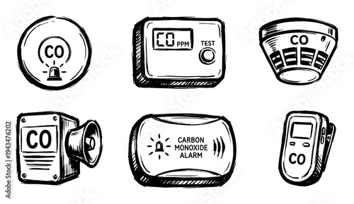 Set of carbon monoxide detector icons hand-drawn in a black ink brushstroke style, illustrating various types of CO alarms and sensors for home safety equipment