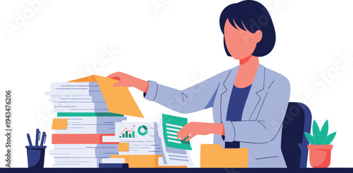 A busy woman organizing paperwork at her office desk on transparent background
