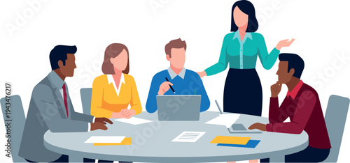 A diverse group of business professionals engaged in a meeting on transparent background