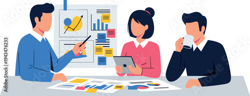 Three business professionals collaborating on a project on transparent background