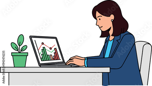 A woman works on her laptop with a plant on her desk on transparent background