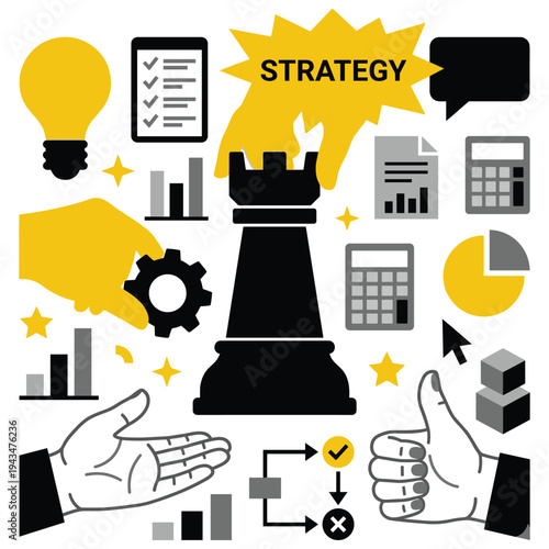 Business strategy development concept with chess rook and various elements