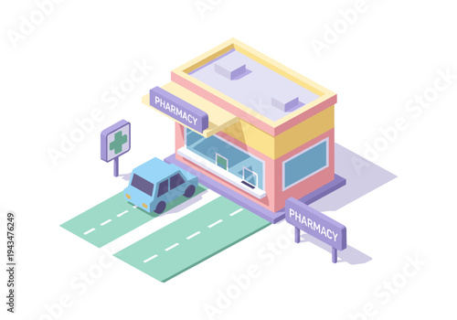 Isometric pharmacy building with a car and a green cross sign on a white background