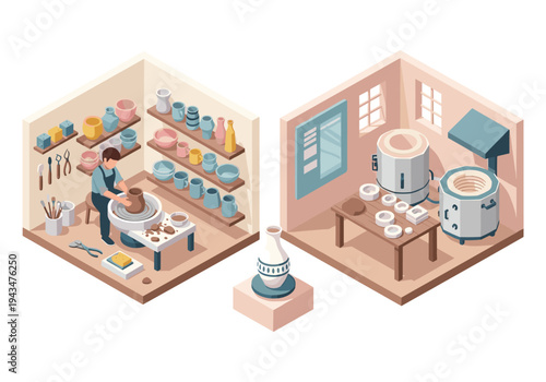 Pottery studio with artist at wheel and kiln, isometric view