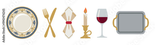 Elegant dinnerware and tableware icon set with a decorative plate, golden cutlery, napkin, lit candle, red wine glass, and a silver tray for a formal restaurant meal