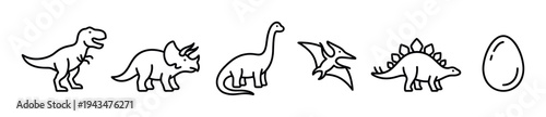 Collection of various dinosaur line icons including a T-Rex, Triceratops, and Stegosaurus, rendered in a simple, minimalist, and cute black outline doodle style