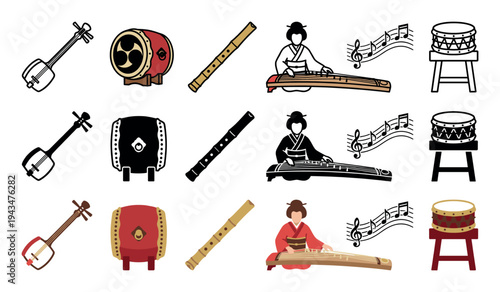 Collection of traditional Japanese musical instruments and musicians illustrated in three distinct styles: flat color, black silhouette, and simple line art for cultural themes