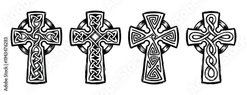 Four black and white Celtic crosses with intricate knotwork patterns in a hand-drawn grunge style, a collection of ancient religious symbols with detailed ornamental designs