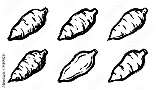 Hand-drawn sweet potato vector icon set in a black ink brush stroke style, featuring six different raw root vegetable illustrations for a minimalist, organic food concept