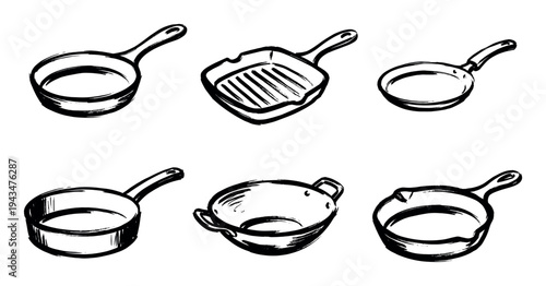 Set of various kitchen cookware illustrations in a black ink brushstroke style, including a frying pan, grill pan, wok, and saucepan with a hand-drawn artistic aesthetic