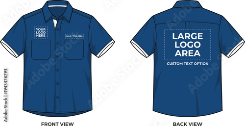 Blue short sleeve button up shirt mockup with front and back view, customizable logo placement for uniform, corporate apparel and branding vector template