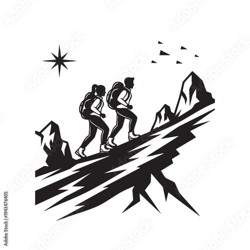 Hikers ascend steep mountain trail with backpacks under compass star and clouds