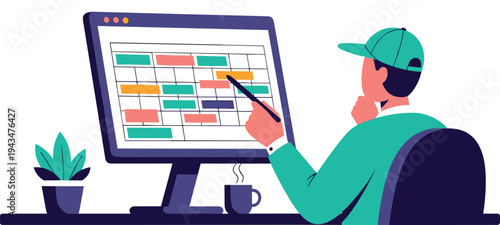 A man in a green shirt and cap is planning on a computer on transparent background