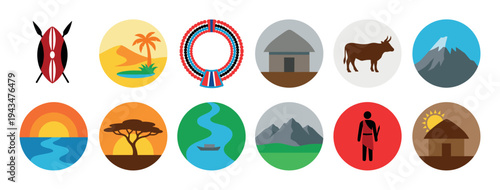 Collection of colorful flat design icons representing tribal culture and nature, including a shield, hut, mountain, animal, landscape, sunset, and traditional symbols in a minimalist vector style