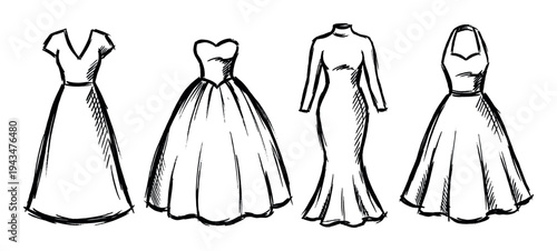 Four elegant evening gowns in different styles including ball gown, mermaid, and A-line silhouettes are hand-drawn in a simple black and white sketch illustration