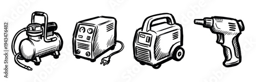 Set of hand-drawn power tools and workshop equipment including a compressor, welder, and heat gun, illustrated in a bold black and white ink sketch style